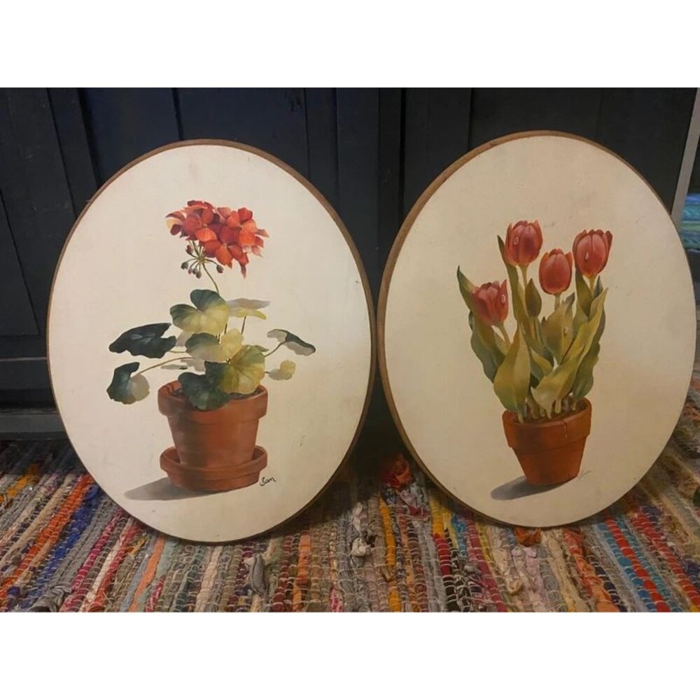 Vintage 1970s Hand-Painted Floral Wood Oval Wall Plaques Set of 2, Signed "Sam"